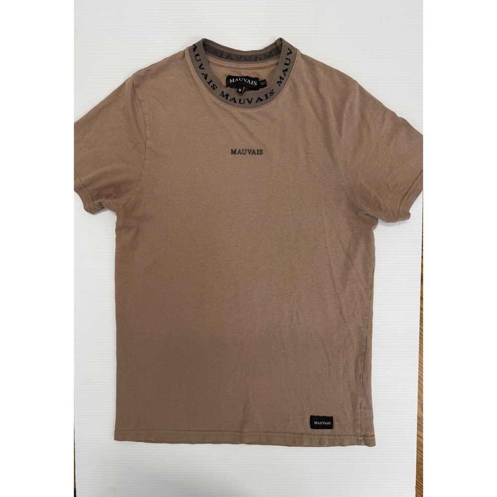 Mauvais Mens Logo Collar T-Shirt Tan Brown Short Sleeve Raised Logo Size M